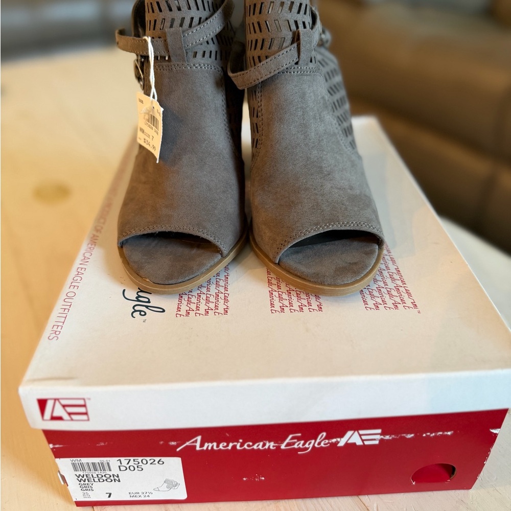 American Eagle Outfitters Weldon Gray Suede Peep-Toe Mules with Cutout Ankle